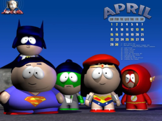 April 2001 Calendar featuring the boys and Wendy dressed as DC superheroes.